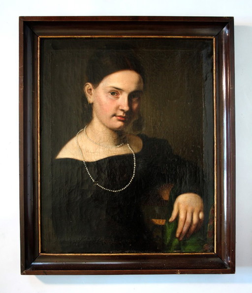 19e-eeuws olieverfschilderij: Portret van een jonge vrouw met een parel.