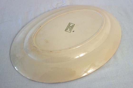 Image 1 of Kleine ijzeren soepterrine of groenteschaal, Palmyre-motief, fabriek van Sarreguemines. Groen bloemendecor. Uitstekende staat.