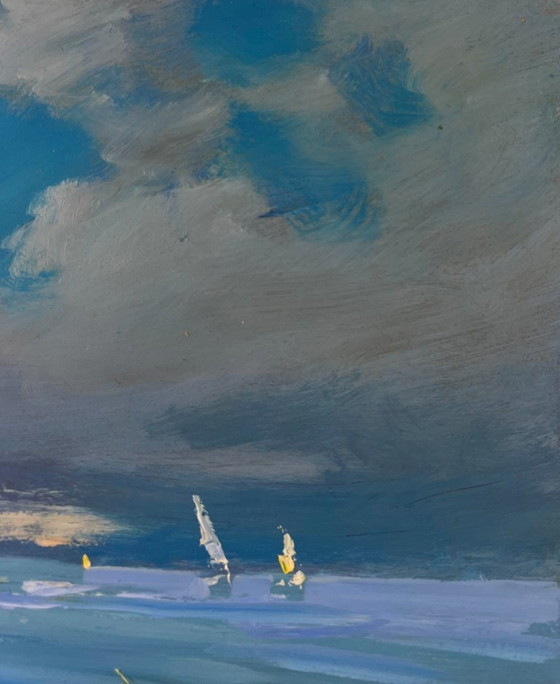 Image 1 of Original Oil Painting Summer Coastal Landscape A lonely boat on the river bank