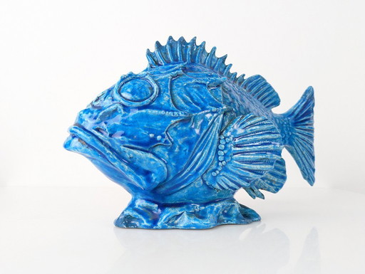 Italian Art Deco Guido Cacciapuoti Blue Glazed Scorfano Fish Sculpture 1930s