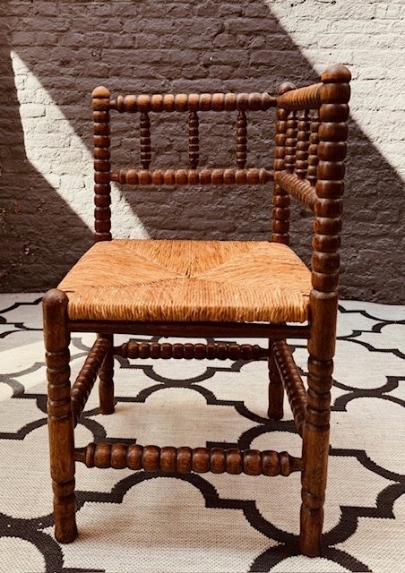 Vintage Brutalist Bobbin Oak Corner Chair With Braided Piping Matt