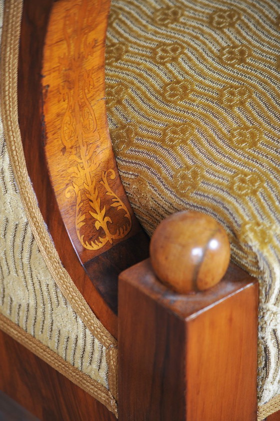 Conjunto de asientos estilo Imperio restaurado, nogal, con incrustaciones, de estilo polaco renovado, (photo 16 of 19)