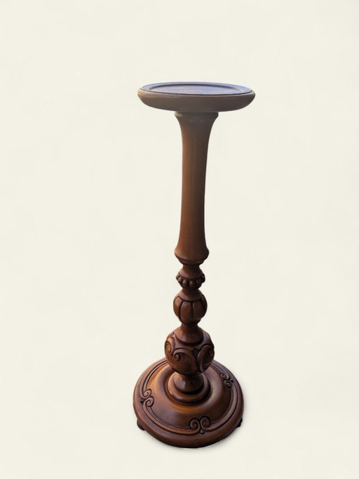 Rarity! Bright vintage hardwood flower stand - Hand-turned & decorated - Stylish plant table, unused