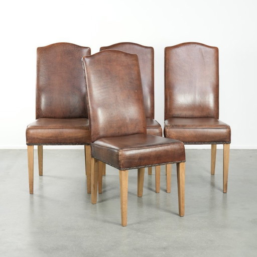 4 x Vintage-Esszimmerstuhl aus Schaffell mit hoher Rückenlehne