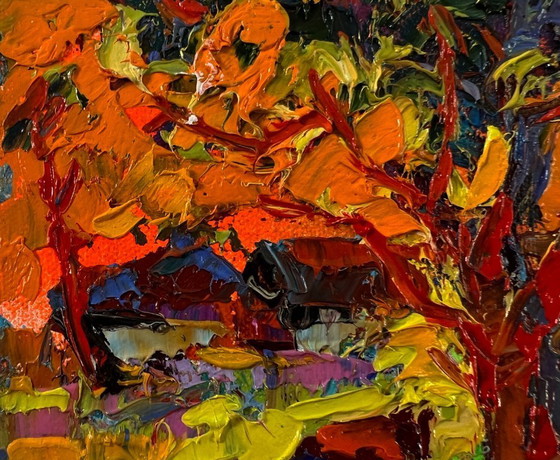 Image 1 of Original Oil Painting Autumn Village Landscape The Sun Is Setting