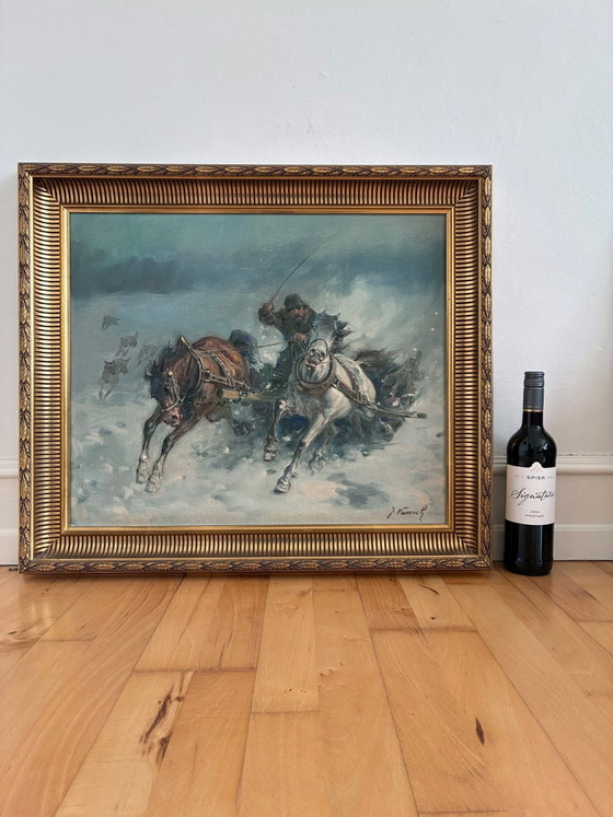 Image 1 of Peinture à l'huile originale vintage représentant un cheval, grande œuvre murale équestre signée