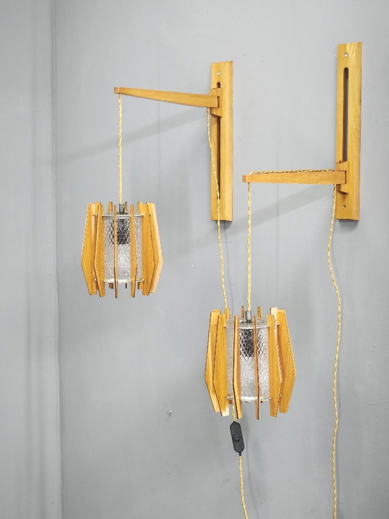 Pair of Dřevo Humpolec Adjustable Swing Arm Wall Lamps, 1960s, Wall lights, Wood, Brown (photo 13 of 16)