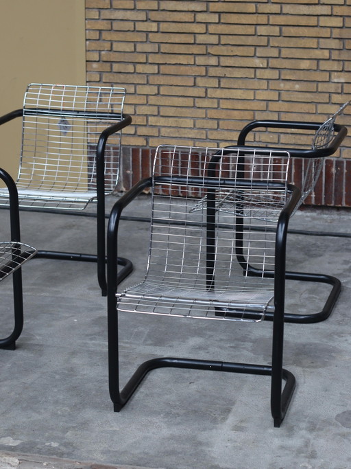 4 sedie italiane in acciaio con filo metallico – eetkamerstoelen, Chrome, Iron