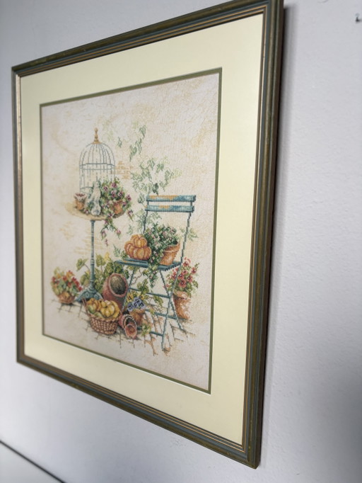 Charming Vintage-Style Garden Scene Cross-Stitch Framed Wall Art (51x57 cm)
