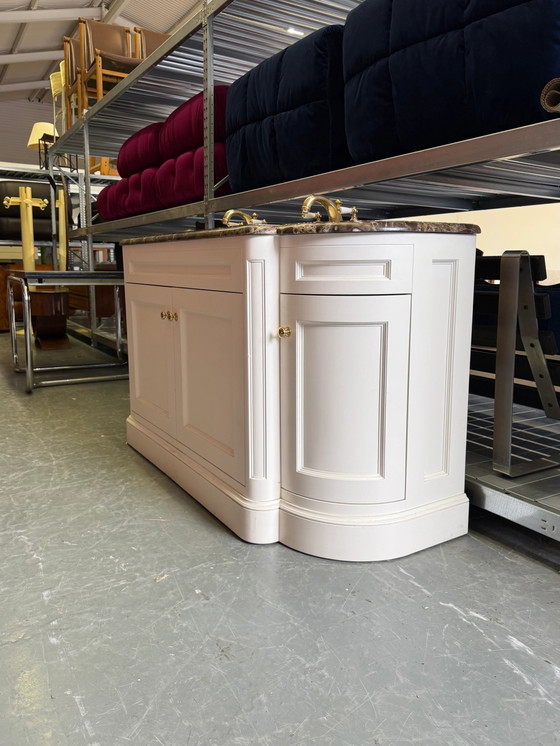 Classic Double Marble Top Bathroom Vanity & Gold Hardware – Storage cabinet (photo 12 of 12)