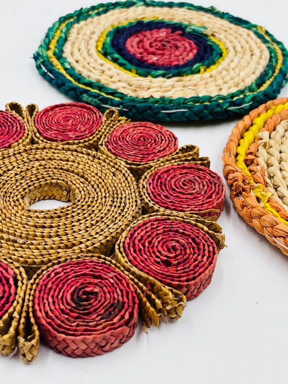 Image 1 of Set of 3 vintage braided rope trivets – bohemian style