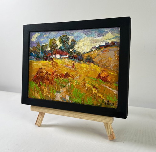 Original Oil Painting Summer Field Landscape Edge of the village