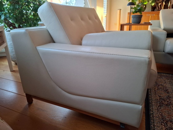 Set divano e poltrona/loveseat in pelle Leolux, crema, Zona salotto, Legno, Modern (foto 4 di 8)