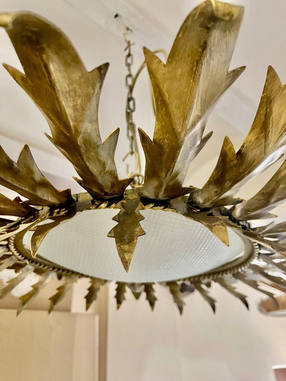 Image 1 of Grand lustre soleil metal dorée et verre bombé ,1950s
