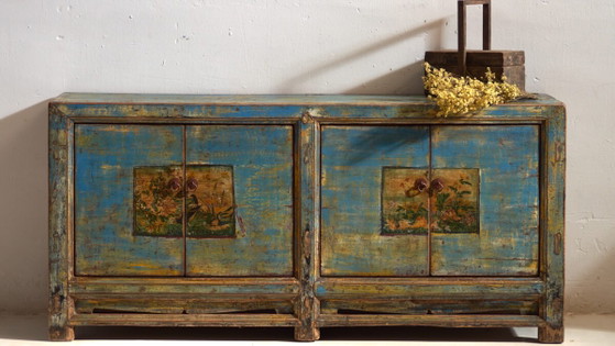 Antique entrance sideboard in blue and yellow (c.1920) (photo 3 of 40)