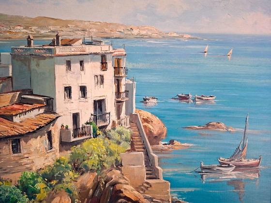 Image 1 of V. Berbegal. Oil on canvas painting + Ibiza postcard, artist reference - ca. 1980. Decoration