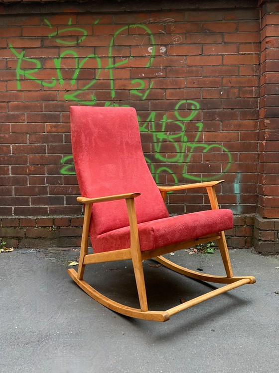 Sedia a dondolo vintage | Faggio e pelle nabuk rossa – Sedie a dondolo, Wood, Leather (photo 3 of 6)