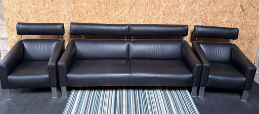 Divano e 2 poltrone Leolux Patachou in pelle nera