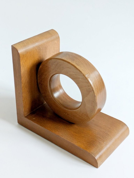 Image 1 of Midcentury Wooden Bookends Pair, Bauhaus Art Deco Style Hoop Design, Sculptural Shelf Decor