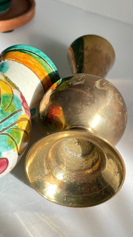 Image 1 of Vintage Handcrafted Ceramic and Brass Vases