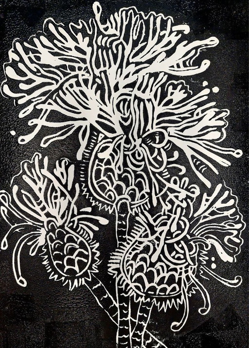 Prunellier, Linogravure - A3, Encre noire sur papier blanc - Art botanique imprimé à la main
