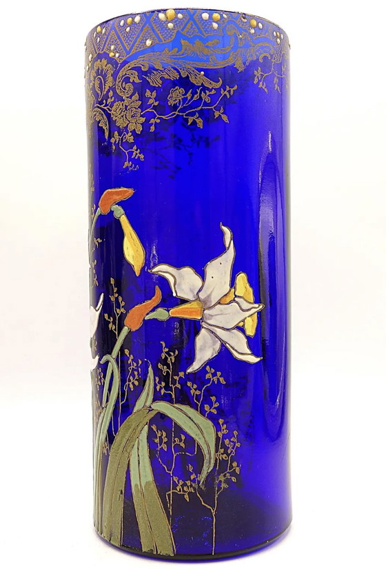 Image 1 of Vase Jonquille « Cylindre Compiègne » - Verre Émaillé Bleu Roi. Legras