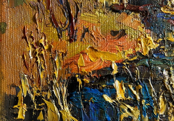 Image 1 of Original Oil Painting Autumn Bridge Landscape Near a quiet river