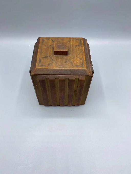 Vintage, uitgesneden houten kubusdoos – handgemaakt decoratief object uit de jaren 70 – decoratieve objecten, Wood