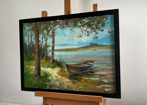 Original Oil Painting Coastal River Landscape River in the arms of the forest