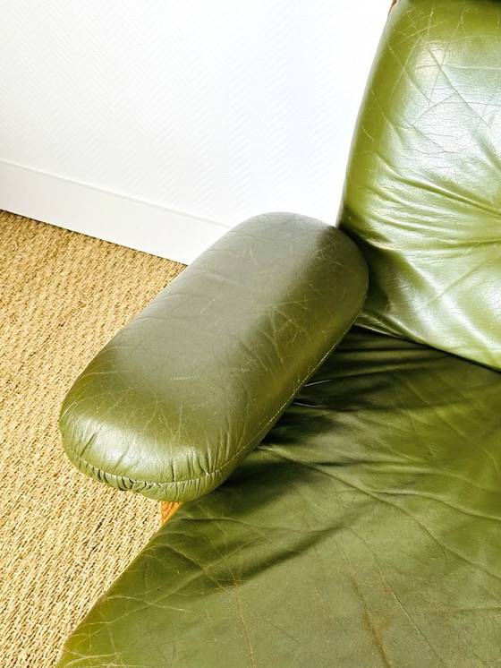 Image 1 of Scandinavian sofa in green leather and oak, 1960, Set of 3