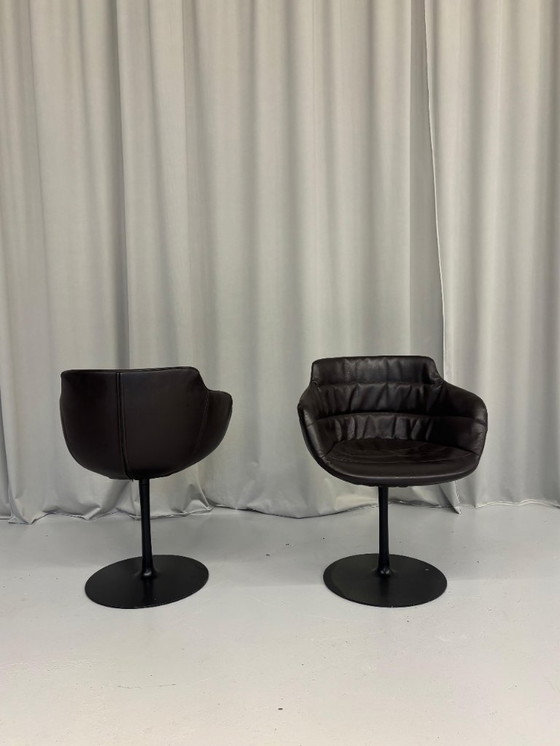 Image 1 of Vintage Brown Leather Swivel Cocktail Chairs, Italy 1980’s Set Of 2