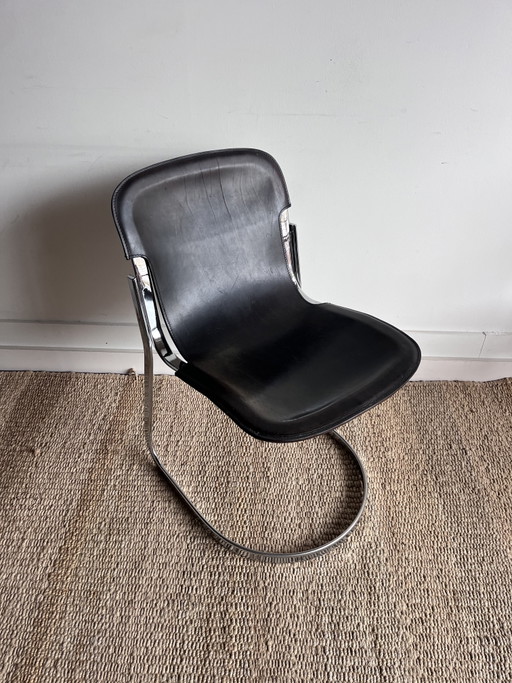 Sedia in pelle con imbracatura cromata di Willy Rizzo – Cidue, Italia, anni '70