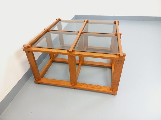 Image 1 of Vintage square coffee table in pine and smoked glass from the 70s/80s