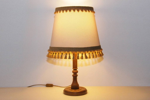 Tischlampe Holz Textil Hellbeige Braun Fransen 63cm 80er J Vintage