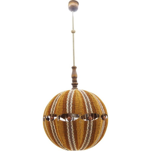Vintage wood and fabric chandelier, Czechoslovakia 1960