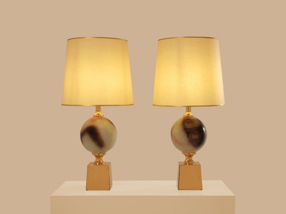 Image 1 of Philippe Barbier pair of large ceramic and brass table lamps 1970s