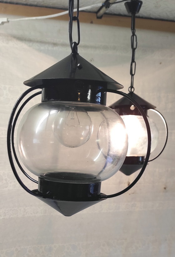 Image 1 of Lantern-style pendant light in metal and glass - 1950s