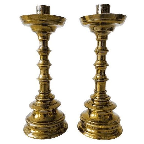 Image 1 of Juego de candelabros antiguos de balaustre de latón de la década de 1900