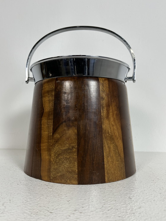 Image 1 of Seau à glace vintage, années 50-60, en bois et chrome.