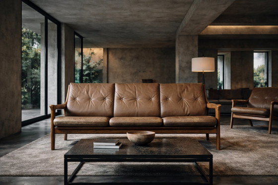 Image 1 of Vintage Mid-Century Danish Modern 3-Seater Brown Leather Sofa by Georg Thams from A/S Vejen Polstermøbelfabrik, 1960s