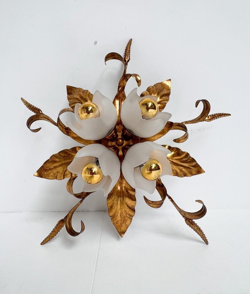 Gold-plated XL ceiling or wall lamp from Italy, 1970's