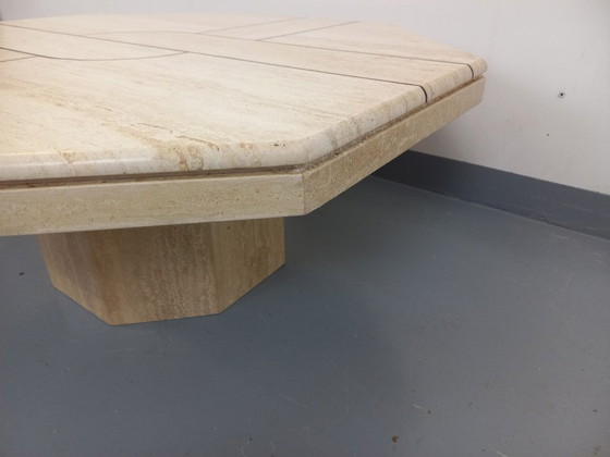 Image 1 of Vintage octagonal travertine coffee table with geometric pattern from the 70s and 80s