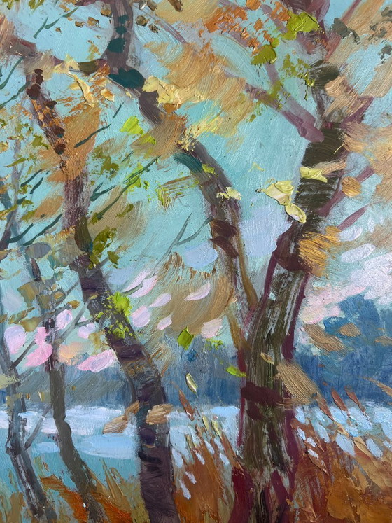 Image 1 of Peinture à l'huile originale représentant un paysage côtier d'automne par temps venteux au bord de la rivière