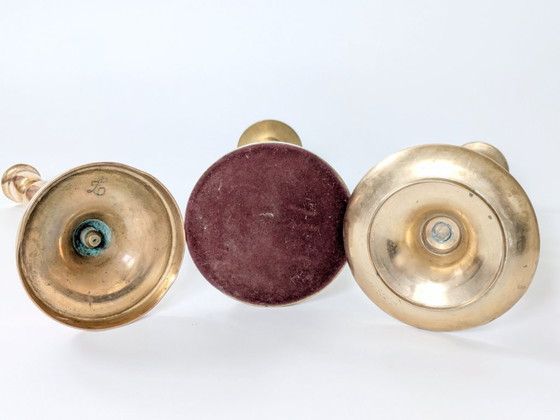 Image 1 of Set of 6 Vintage Brass Candleholders: Mixed-Height and Designs, Holiday Table