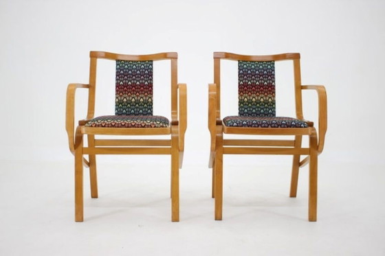 Image 1 of Set of Two Rare 1970s Czechoslovakian Bentwood Armchairs by TON in Colorful Patterned Fabric