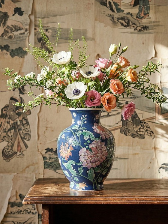 Image 1 of Grote, balustervormige vaas van Chinees porselein met vintage bloemversiering uit de jaren 70-80.