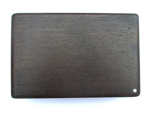 Image 1 of Danish Design Bog Oak Wood Mid-Century Cigarette Box, Signed and Hallmarked, with Sterling Silver Inlaid Floral Design
