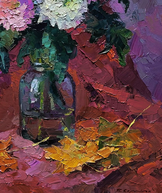 Original Oil Painting Autumn Floral Still Life Bouquet of Chrysanthemums – Paintings & Drawings, Canvas (photo 7 of 7)