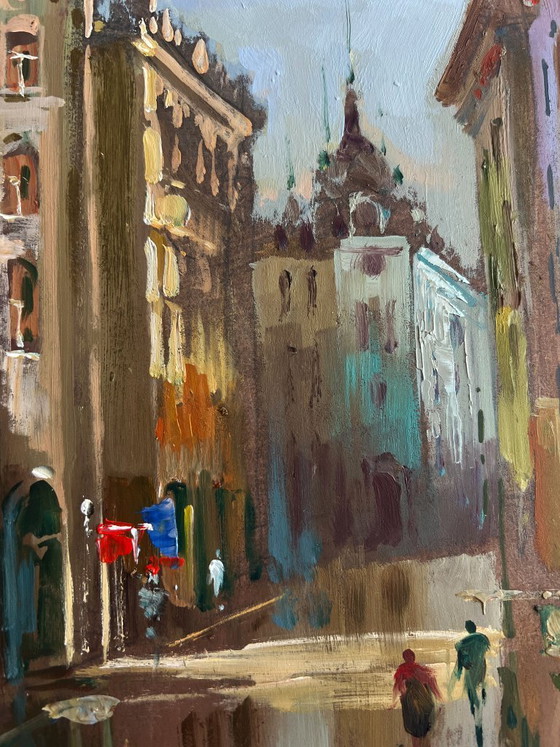 Image 1 of Original Oil Painting Gloomy City Landscape A quiet corner of the old town
