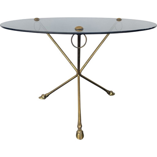 Table basse vintage en verre et laiton avec pieds tripodes, 1970